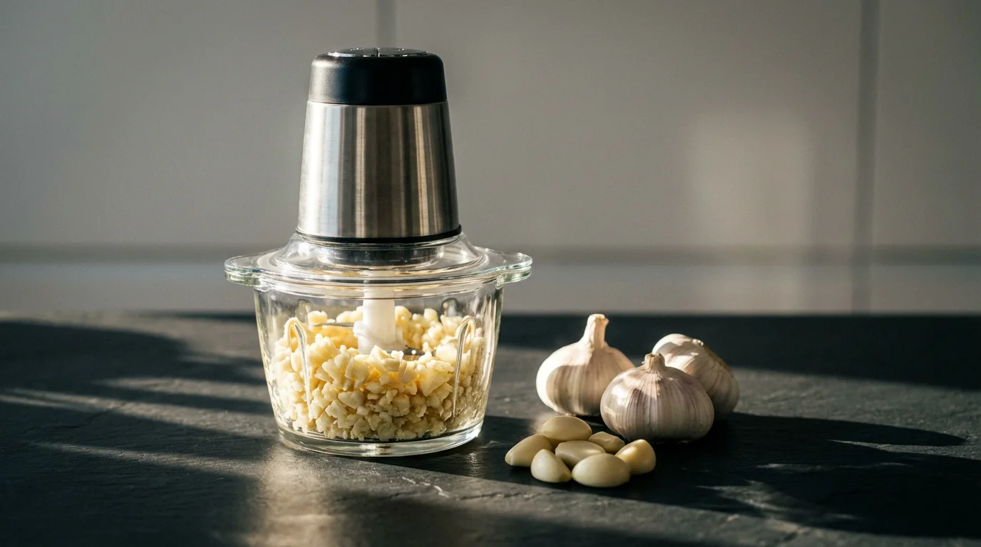 A mini chopper on a kitchen counter filled with a large batch of chopped garlic.