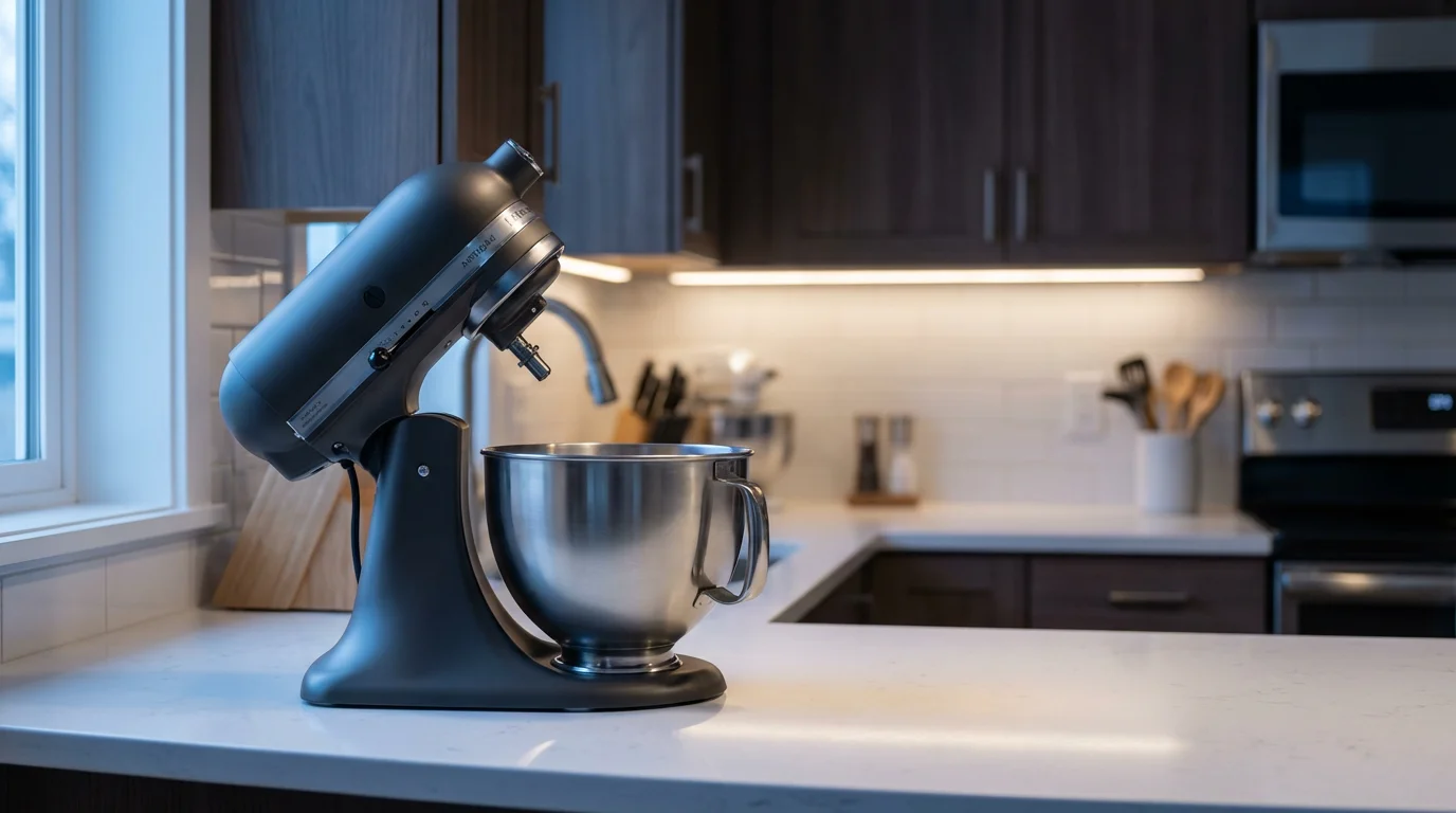 A modern, charcoal tilt-head stand mixer with the head tilted back on a kitchen counter.