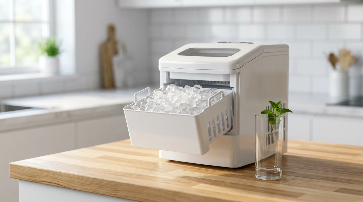 A modern countertop ice maker with a full basket of fresh ice on a kitchen counter.