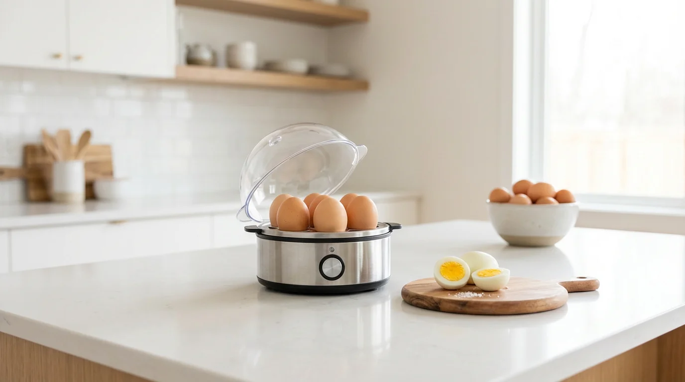 A modern electric egg cooker on a white kitchen counter with perfectly hard-boiled eggs.