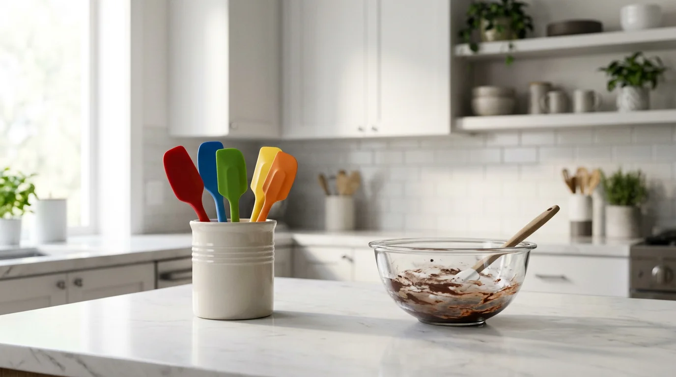 A modern kitchen counter with a utensil holder of colorful silicone spatulas.