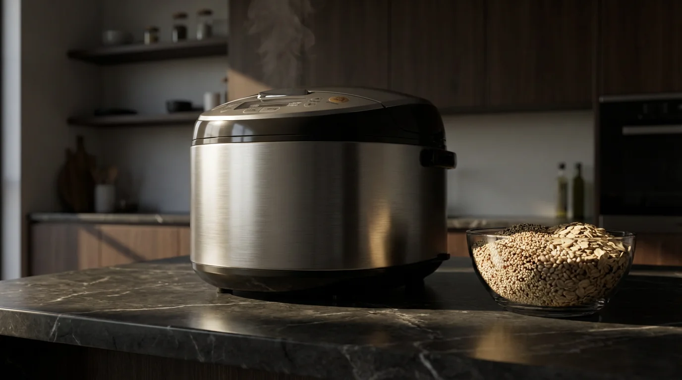 A modern rice cooker on a marble counter with a bowl of various grains.