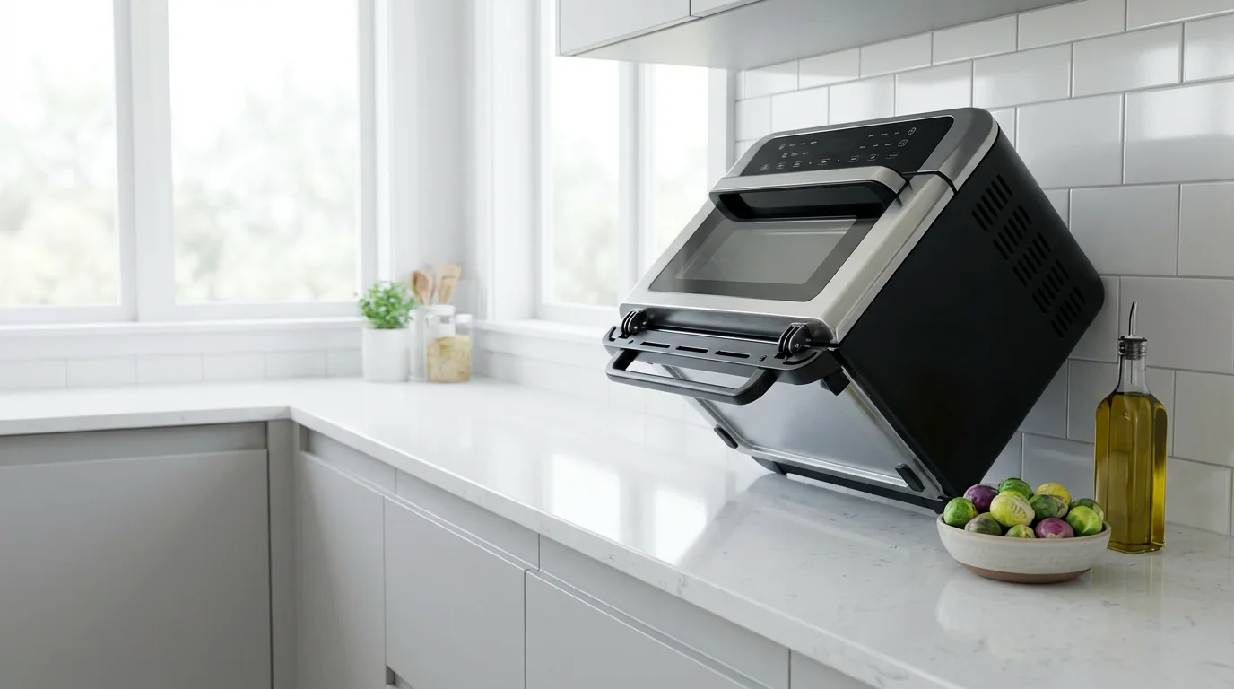 A modern stainless steel air fryer oven flipped up for storage on a kitchen counter.