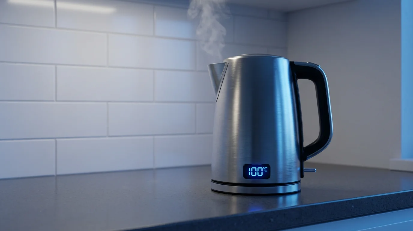 A modern stainless steel electric kettle steaming on a dark kitchen counter at dusk.