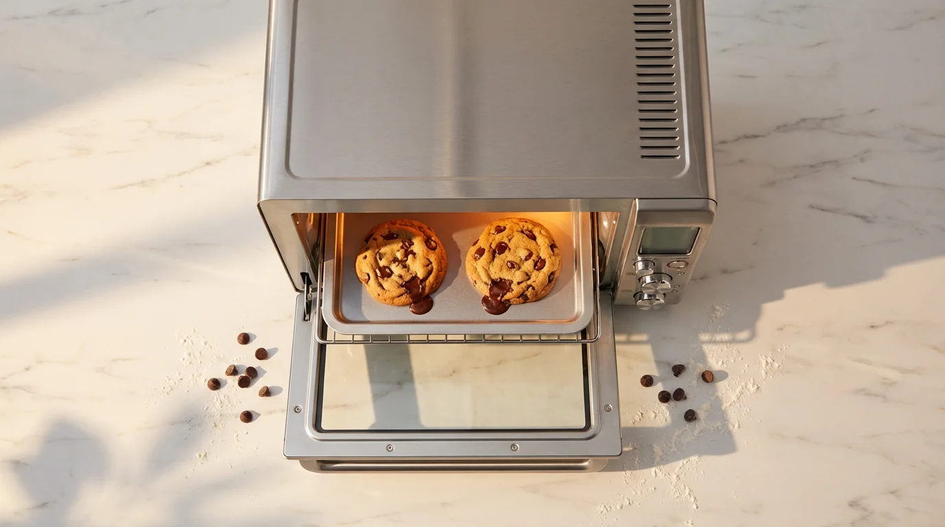 A modern stainless steel toaster oven baking cookies, seen from a high angle flat lay.