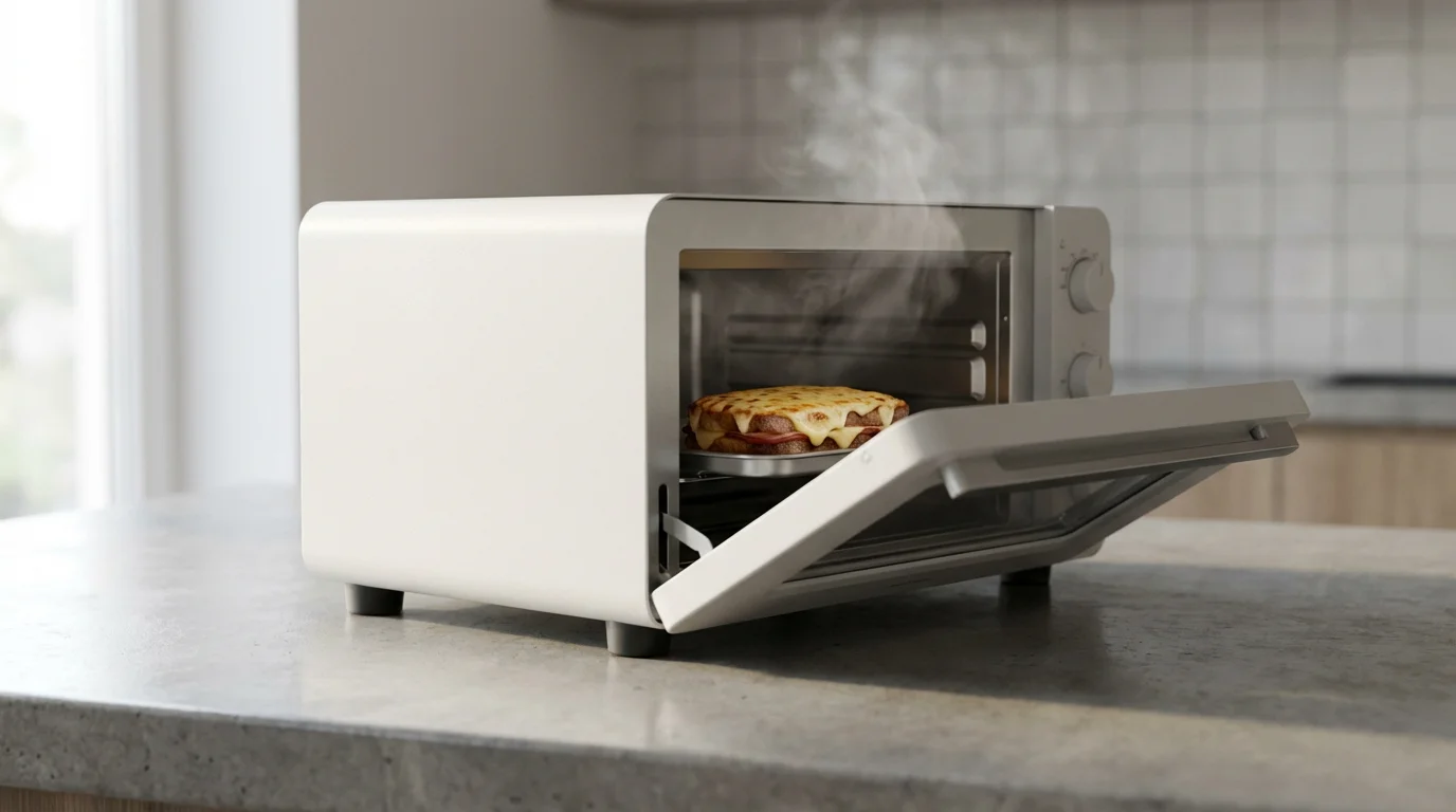 A modern white toaster oven with melted cheese sandwich inside, seen from a low angle.