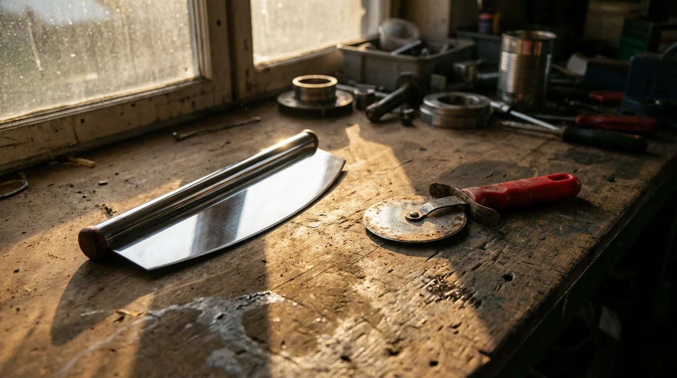A new, shiny stainless steel rocker cutter contrasted with an old, pitted wheel cutter.