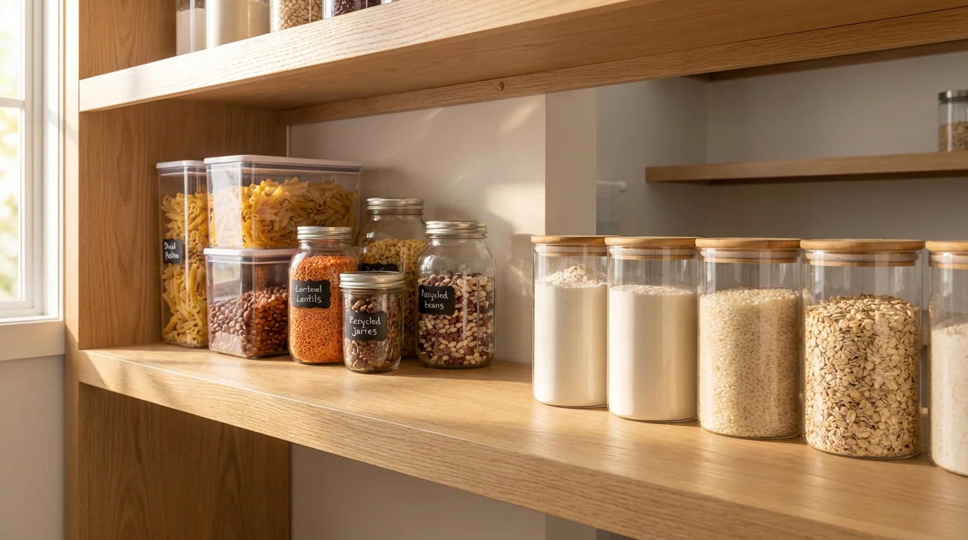 A pantry shelf showing a comparison of budget plastic and premium glass food organizers.