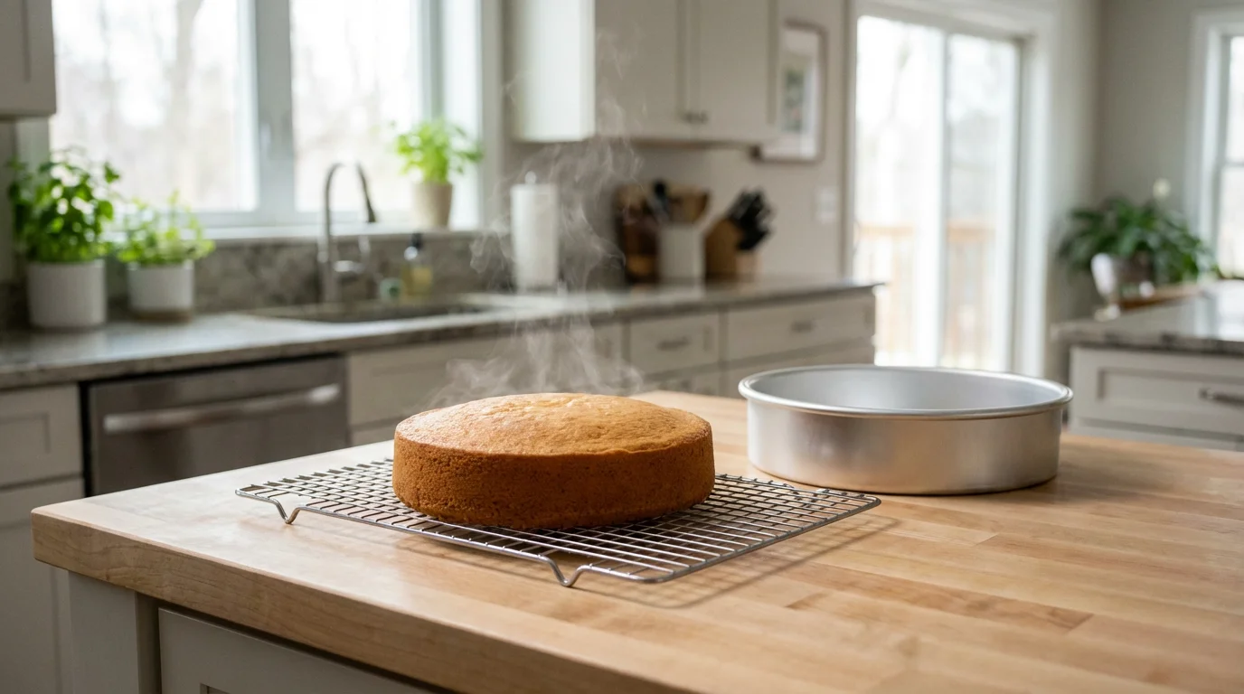 A perfectly baked golden cake on a cooling rack next to its aluminum pan in a sunlit kitchen.