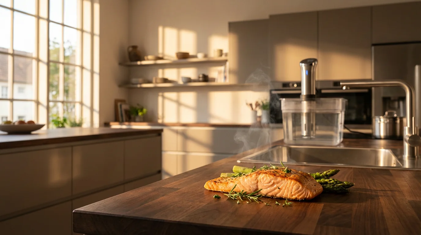 A perfectly plated sous vide salmon dinner in a warm, sunlit modern kitchen.