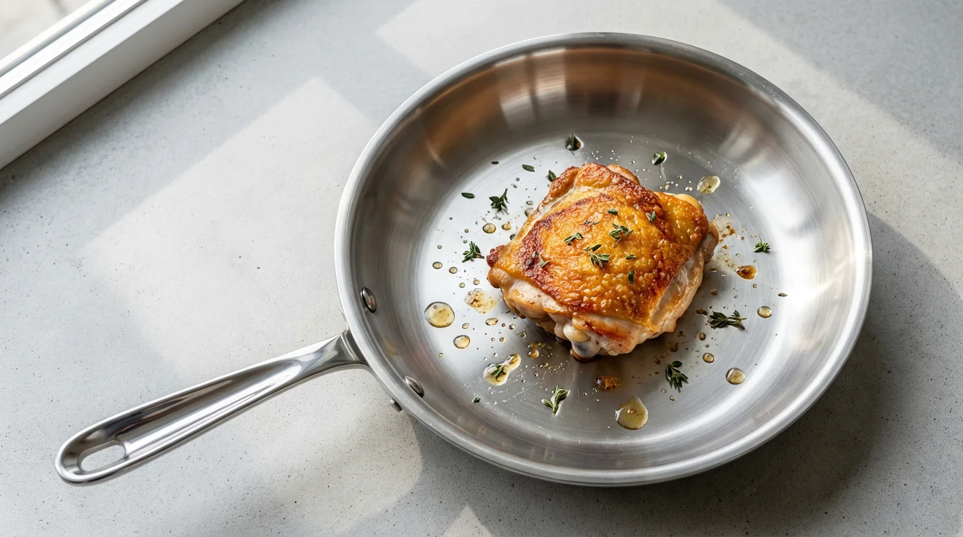 A perfectly seared chicken thigh with crispy skin in a stainless steel skillet.