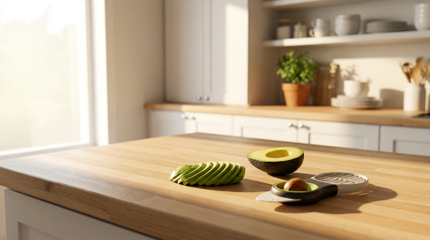 A perfectly sliced avocado and a slicer tool on a clean, modern kitchen counter.
