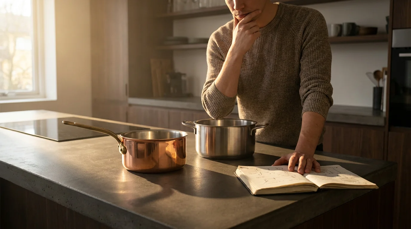 A person at a kitchen island comparing a copper pot and a stainless steel pot.