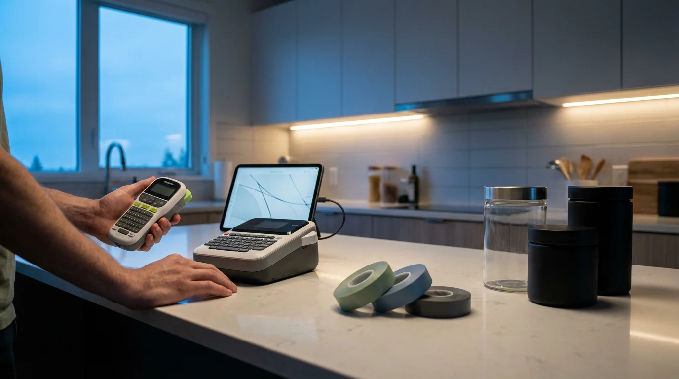 A person at a modern kitchen counter at dusk, choosing between different label makers.