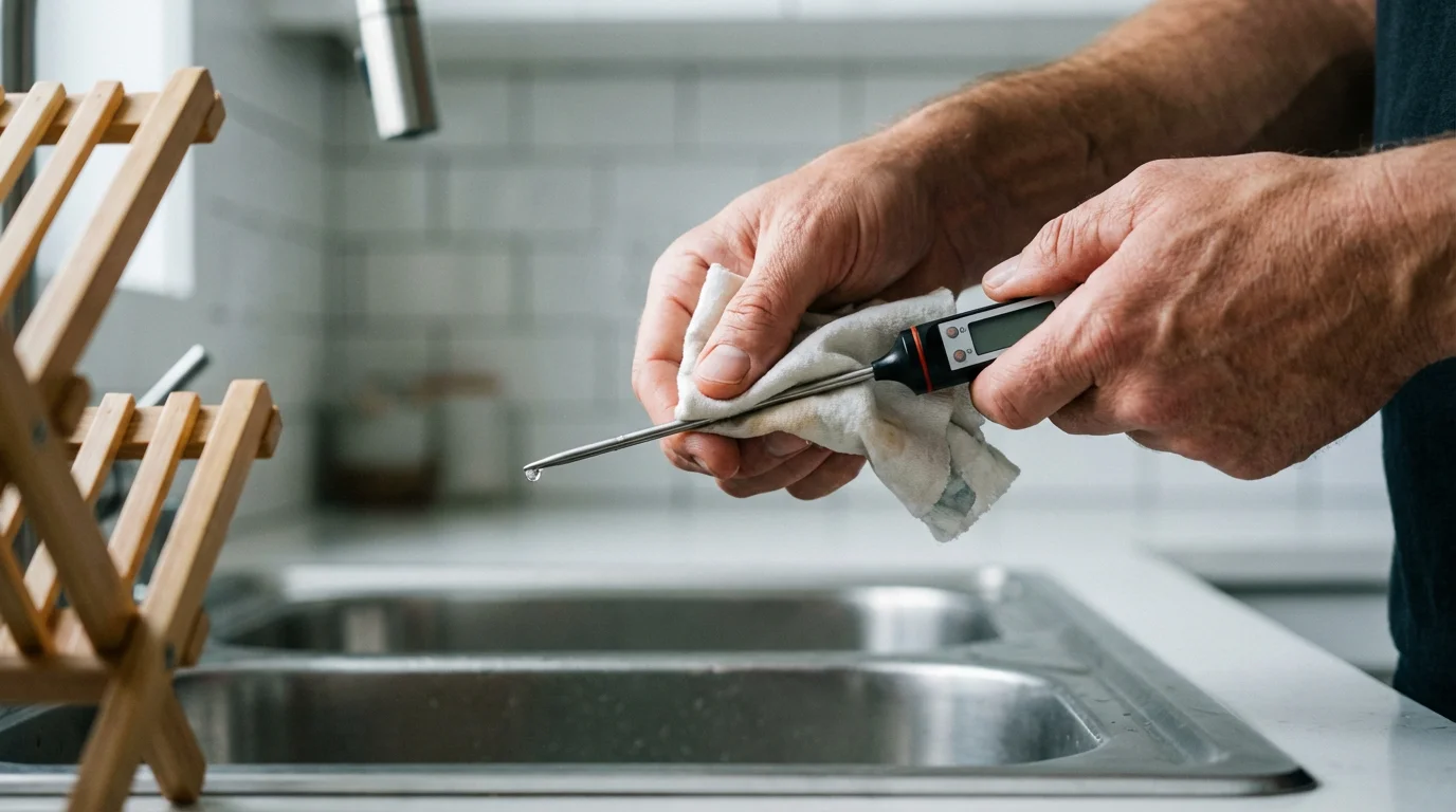 A person carefully cleans a digital meat thermometer with a cloth over a kitchen sink.
