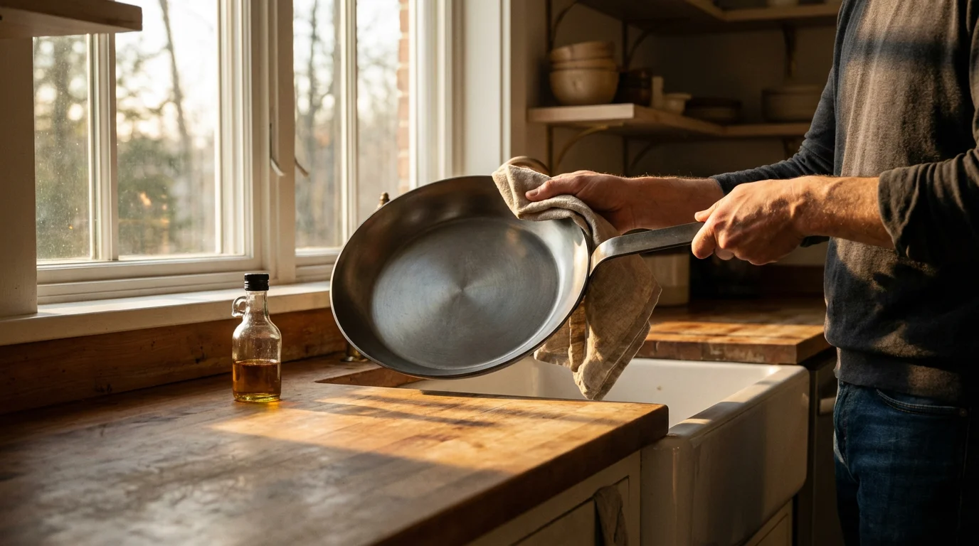 A person carefully drying a carbon steel pan in a warm, sunlit kitchen.