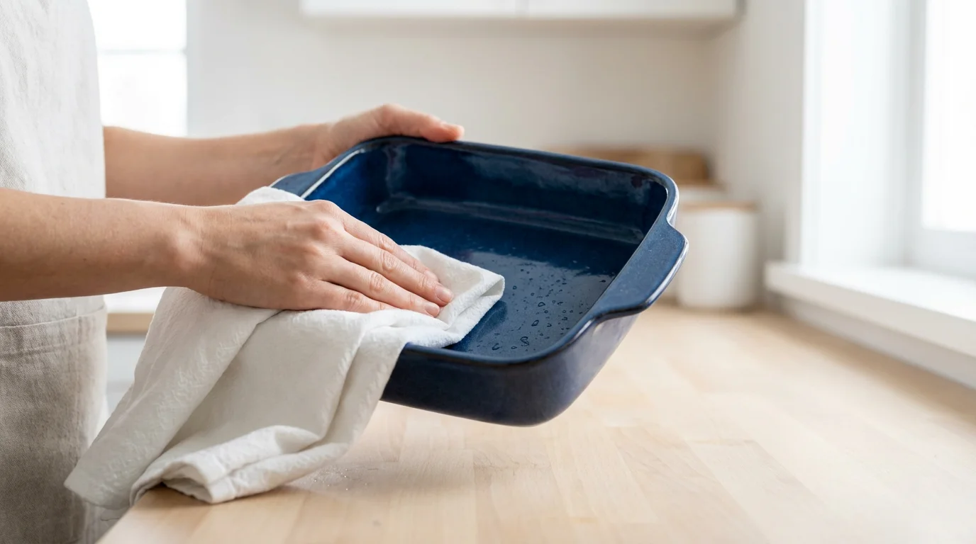 A person carefully hand-dries a blue stoneware casserole dish in a sunlit kitchen.