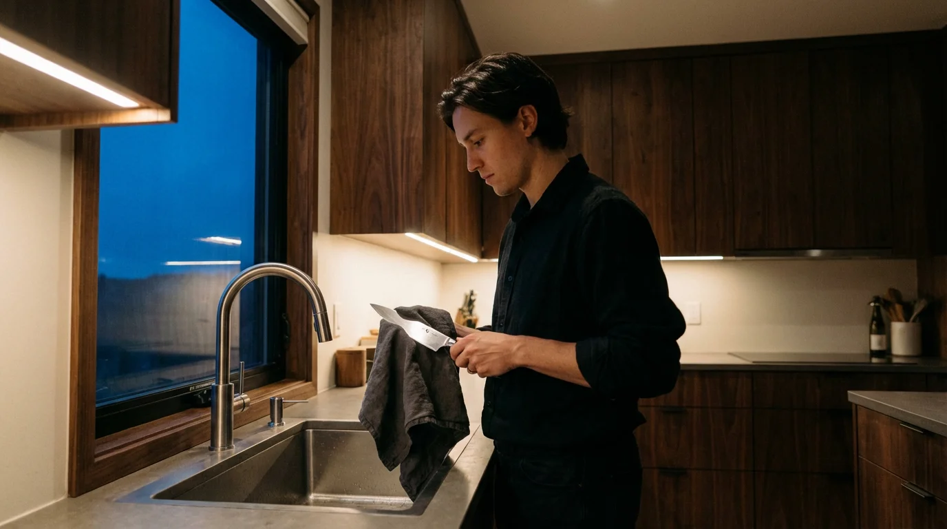 A person carefully hand-drying a paring knife at a kitchen sink during evening blue hour.