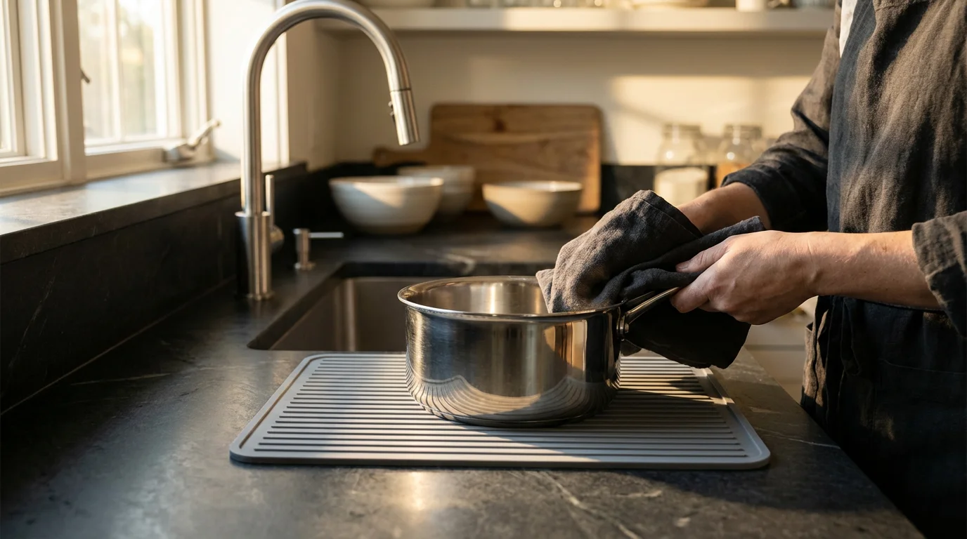 A person carefully hand-drying a stainless steel saucepan in a kitchen with moody afternoon lighting.