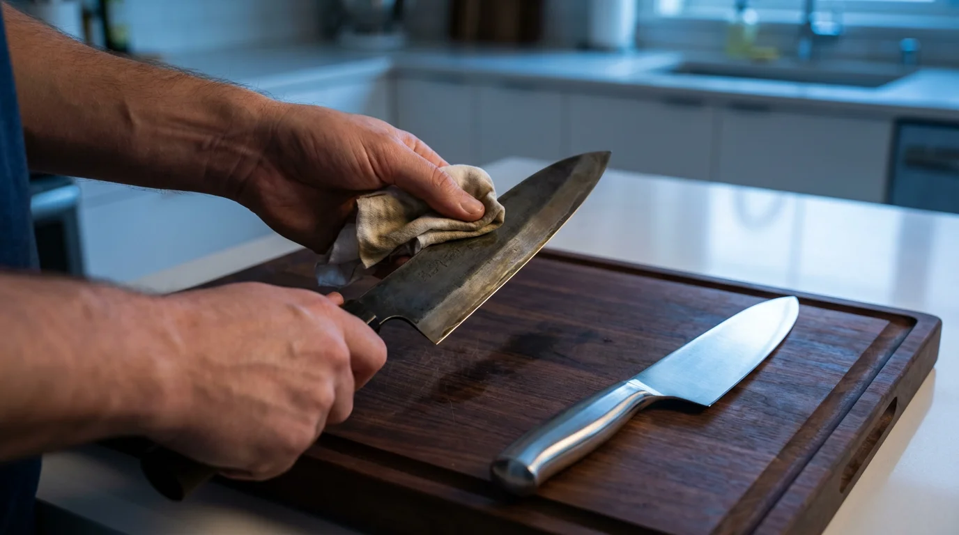 A person carefully maintains a high-carbon steel knife next to a stainless steel one.