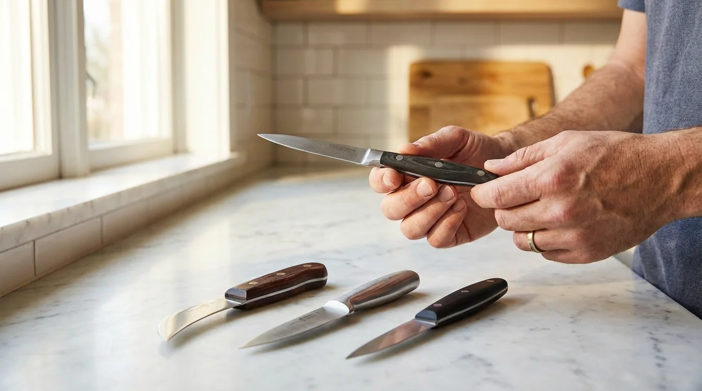 A person compares different paring knives with various handles on a white marble countertop.