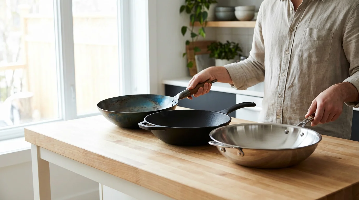 A person comparing carbon steel, cast iron, and stainless steel woks in a kitchen.