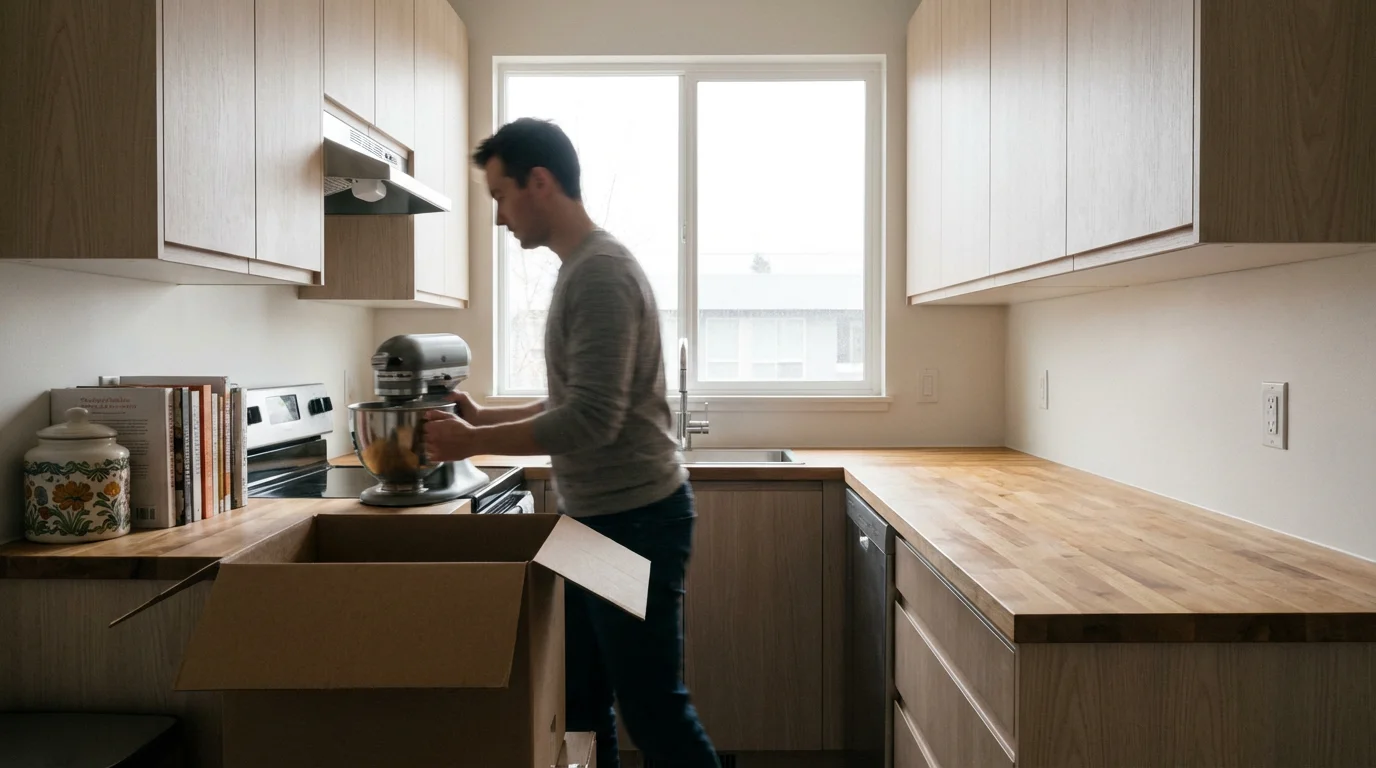 A person decluttering a kitchen counter by packing items into a box.