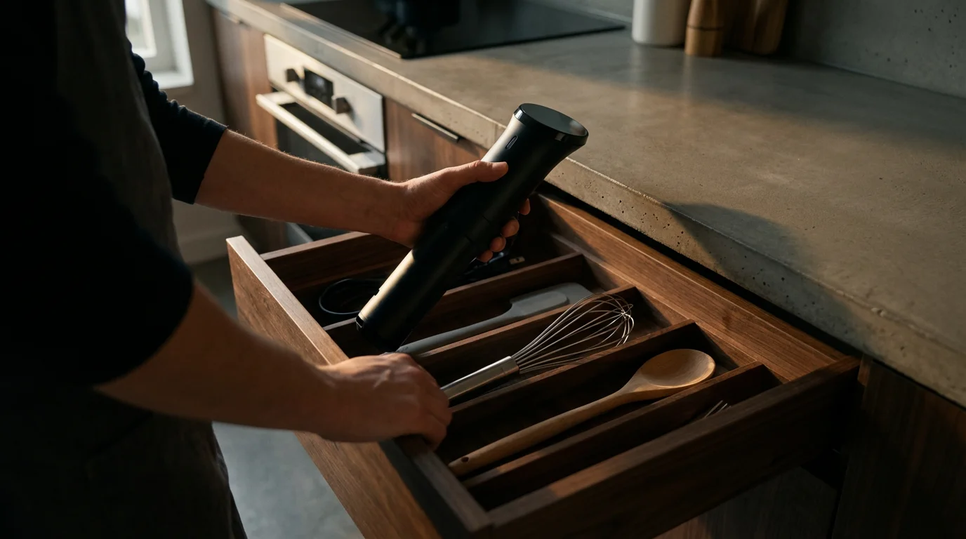 A person easily storing a compact sous vide machine in an organized kitchen drawer.