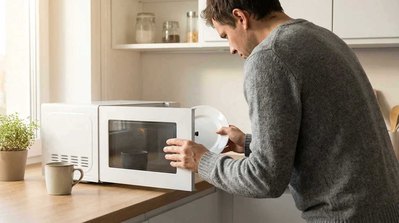 A person frustrated that a dinner plate is too large for their new compact microwave.