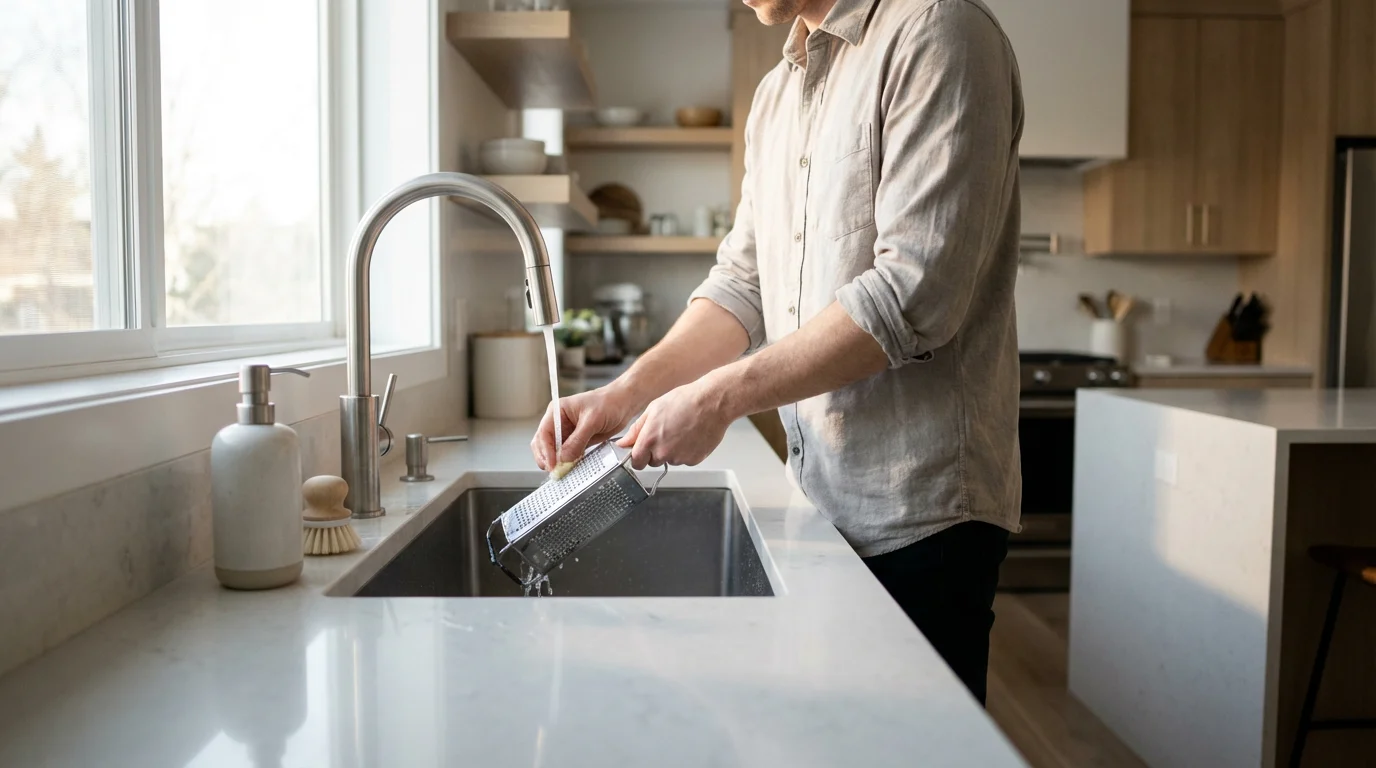 A person hand-washing a microplane grater in a sunlit, modern kitchen sink.
