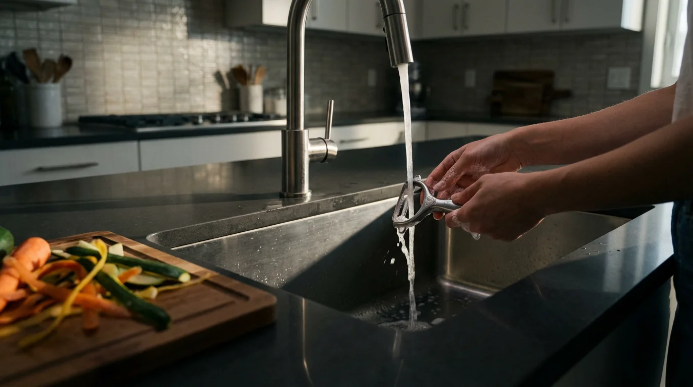 A person hand-washing a vegetable peeler in a modern kitchen sink in the afternoon.