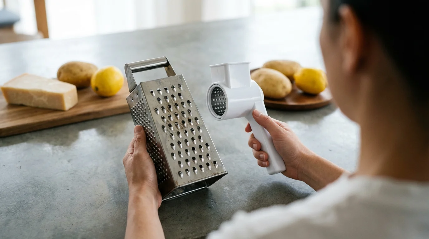 A person holds a box grater and a rotary grater over a modern kitchen counter.