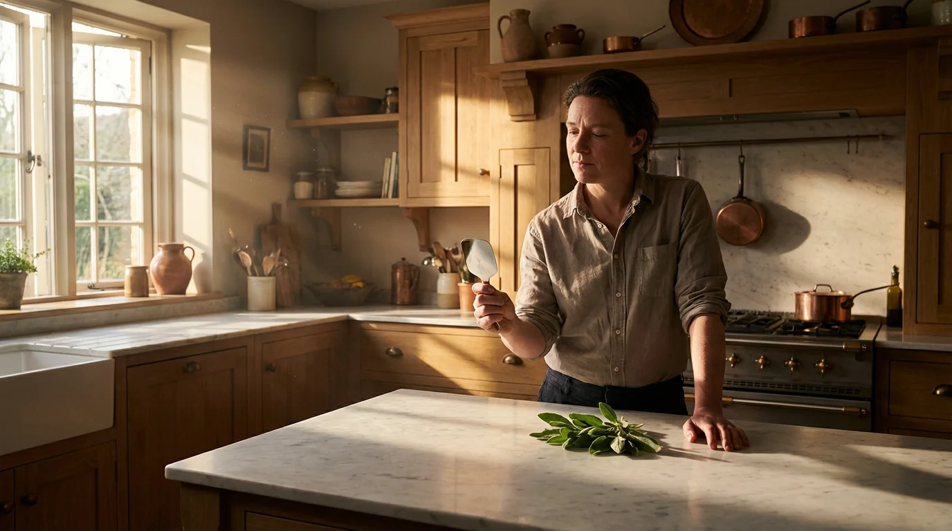 A person holds a stainless steel herb stripper, examining its ergonomic design in a kitchen.