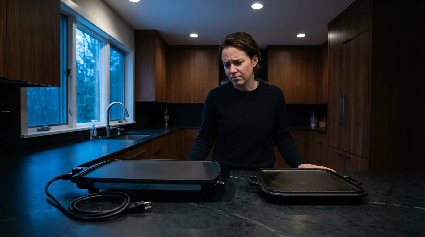 A person in a modern kitchen looks thoughtfully at electric and stovetop griddles.