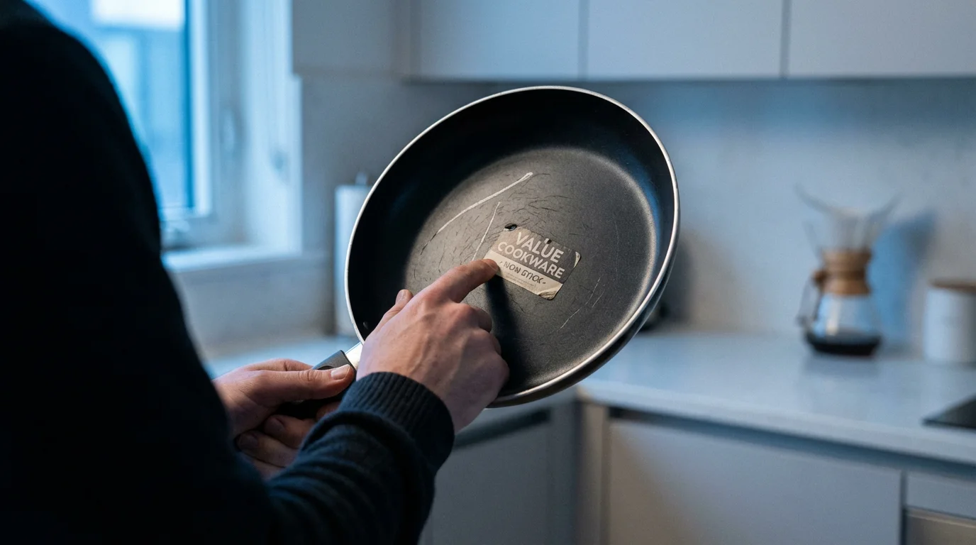 A person inspects a new, scratched non-stick pan in a kitchen at dusk.
