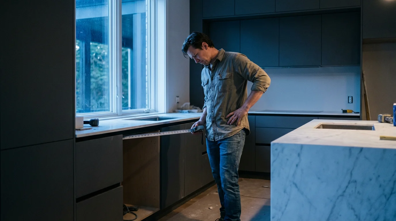 A person measures an appliance space in a new kitchen, realizing a renovation mistake.