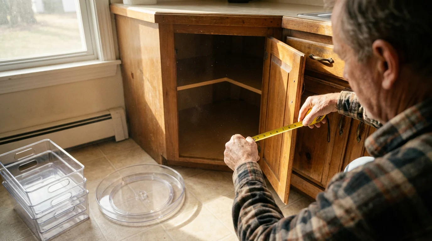 A person measures an empty corner cabinet准备 to install a new plastic lazy susan.