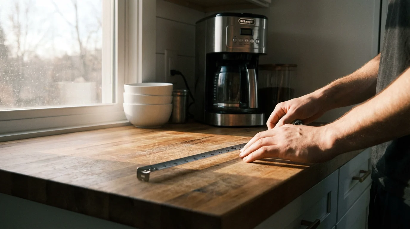 A person measuring counter space in a small, modern kitchen with soft morning light.
