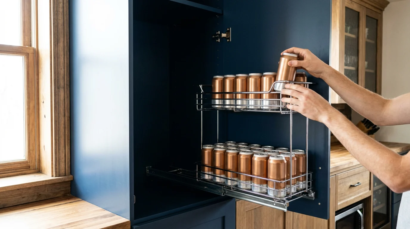 A person organizing bronze and silver cans on a chrome pull-out shelf organizer.