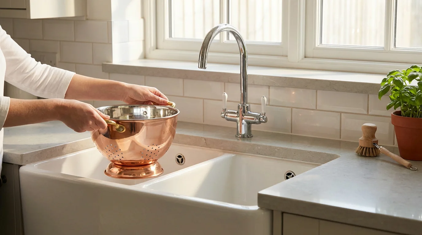 A person placing a clean copper colander into a white farmhouse sink in a sunlit kitchen.