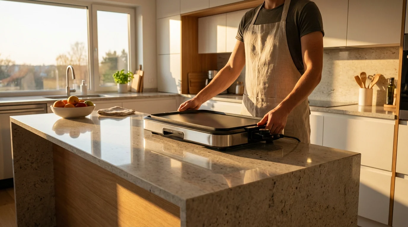 A person placing a new electric griddle on a modern kitchen island at sunset.