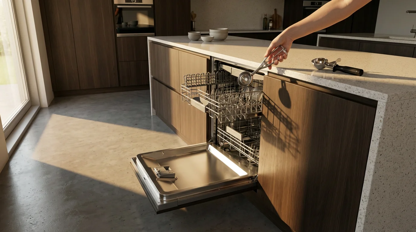 A person placing a stainless steel ice cream scoop into a dishwasher rack.