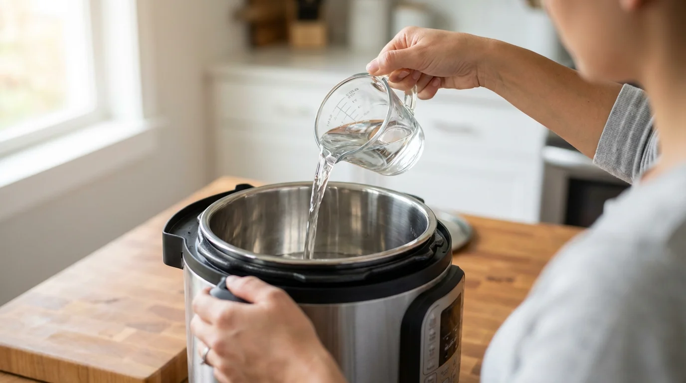 A person pours water into an electric pressure cooker for an initial safety water test.