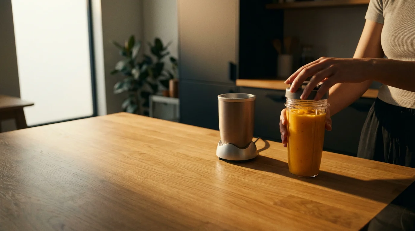 A person puts a travel lid on a personal blender cup in a kitchen.