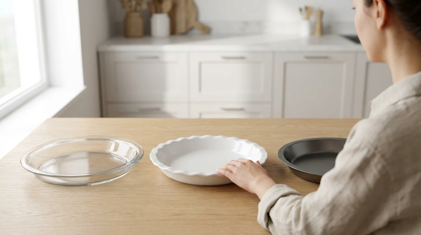 A person seen from over their shoulder comparing empty glass, ceramic, and metal pie plates.
