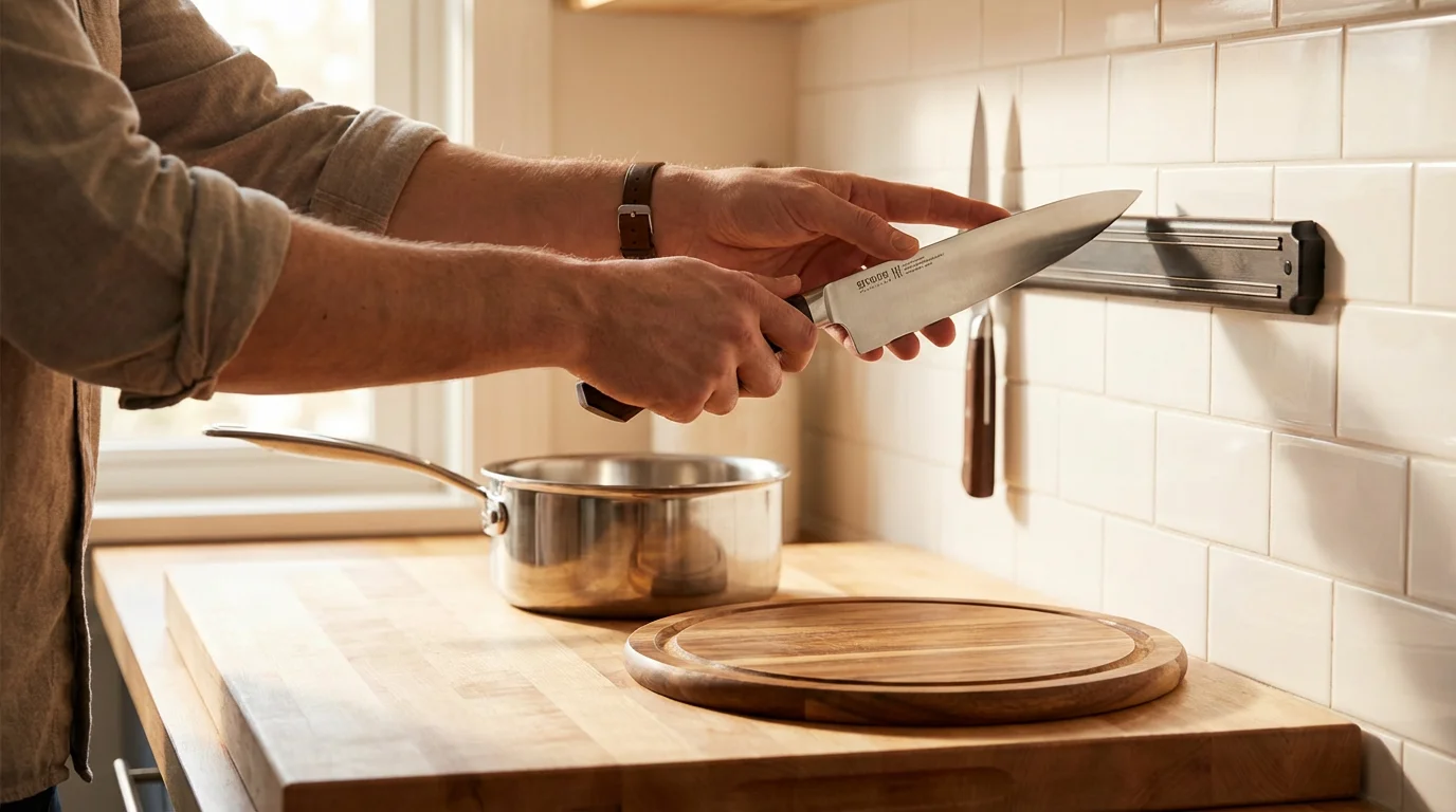 A person setting up their first kitchen with new essential cooking tools in morning light.