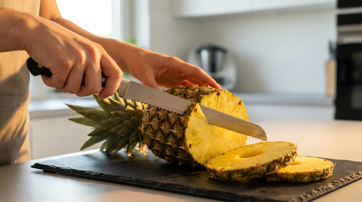 A person slicing a fresh pineapple with a long serrated knife on a slate board.
