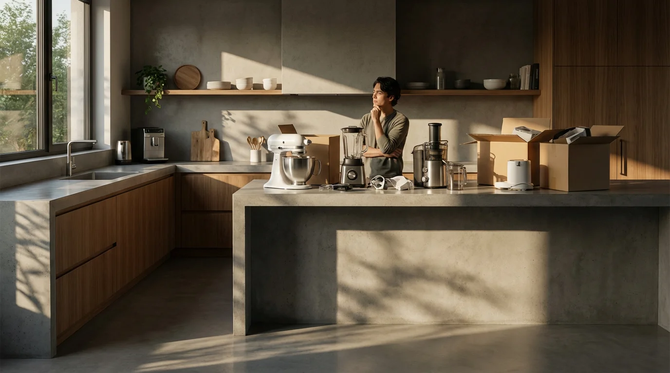 A person stands in a kitchen cluttered with new appliances, symbolizing holiday shopping mistakes.