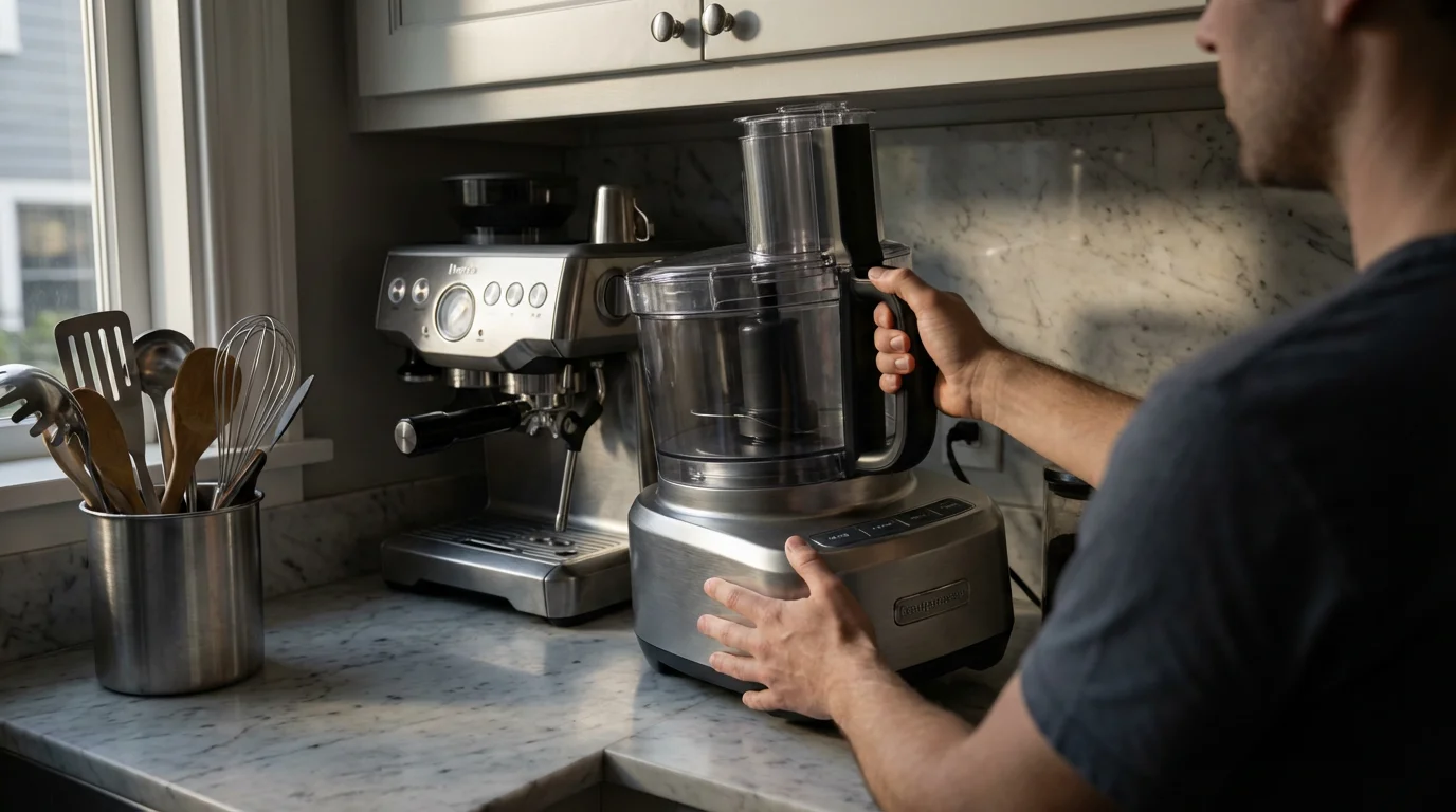 A person struggling to fit a large food processor onto a crowded modern kitchen counter.