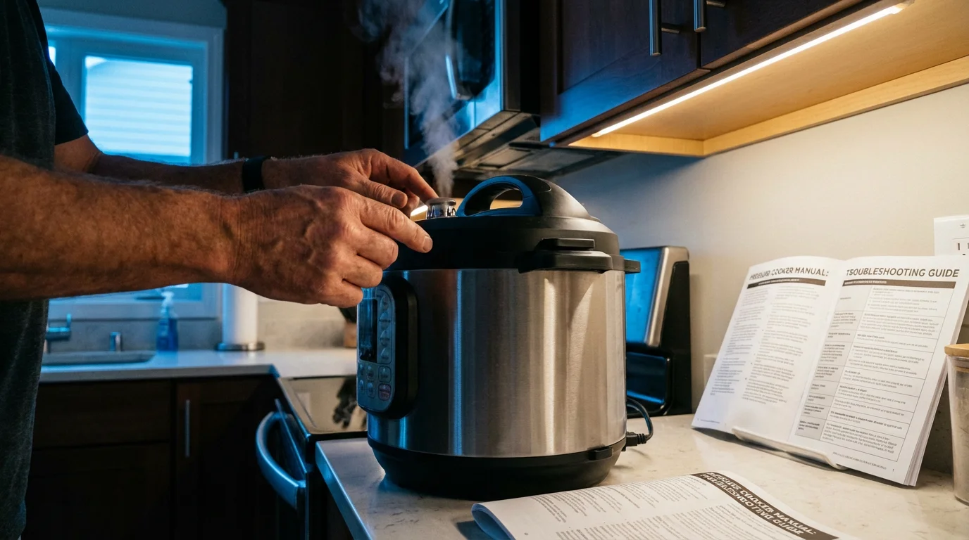 A person troubleshooting an electric pressure cooker with steam escaping from the lid.